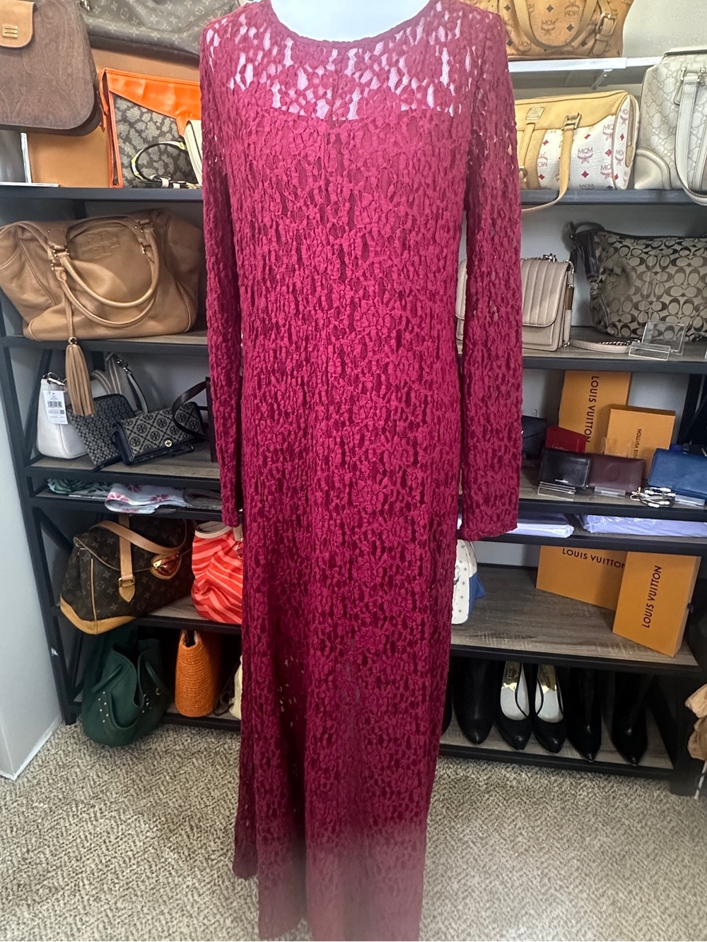 NWT Loft Size Large Lace Maxi Dress Vintage Burgundy Wedding Boho Romantic - Picture 3 of 11